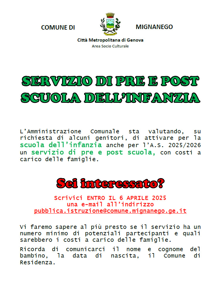 Servizio di pre e post scuola dell\'infanzia